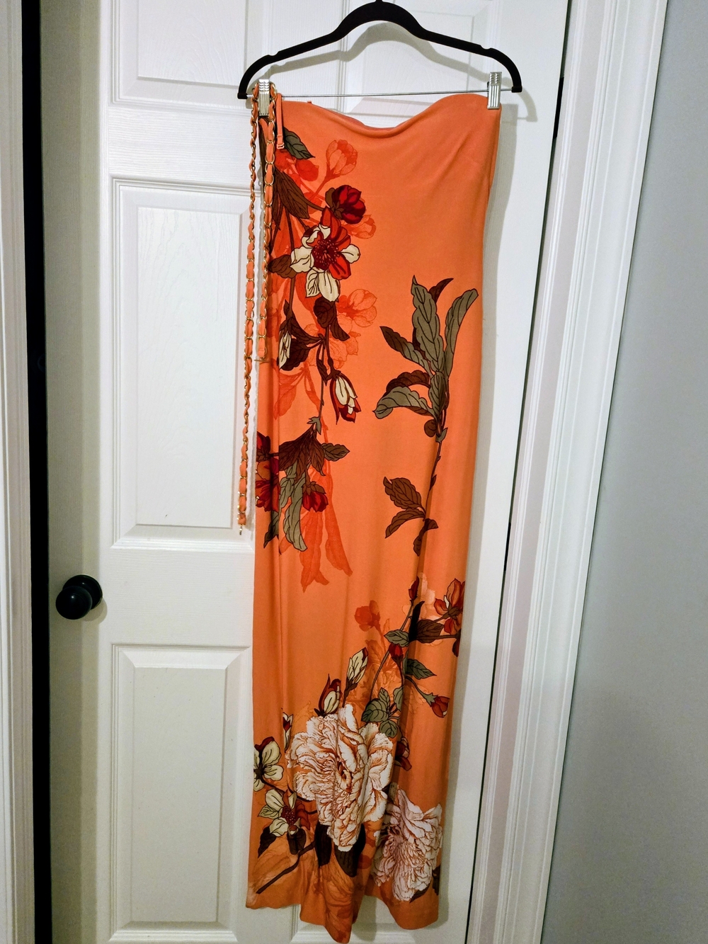 Cache Orange Strapless Floral Maxi Dress with Green Leaf Print